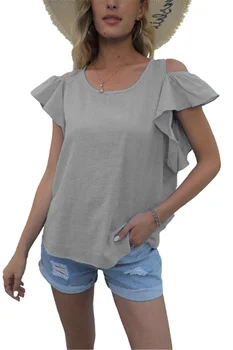 Plus Dimensiuni-5XL Volane Short Sleeve Solid Tricouri Casual de Vara Femei O-Gât Gol Umăr Bumbac de Moda de Top Lady Shirt Bluza