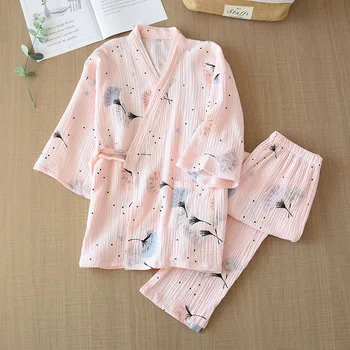 Primavara-Vara Noi Femei Pijamale din Bumbac Tifon Moale Femei Kimono Mâneci Lungi Set de Pijama Largi Uzura Acasă Confortabil