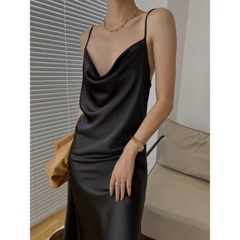 Primăvară Satin Curea de Spaghete rochii pentru femei partid Sexy Split maxi rochii pentru femei de moda Negru Roz club haine pentru femei