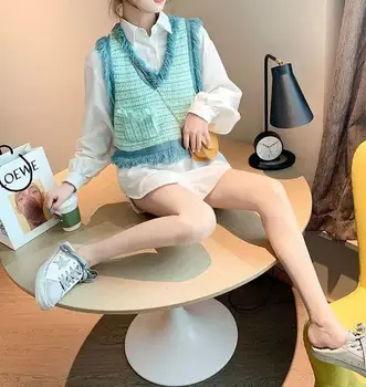 Pulover Tricot Vesta Femei 2020 Primăvară Coreeană Stil Vintage Carouri Ciucure Buzunar V Gâtului Fără Mâneci Pulover Scurt Vesta T549