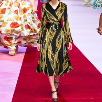 Qian Han Zi de Primavara vara Designer Rochie de Femei Ars mâneci model de imprimare Subțire curea Vintage rochie midi