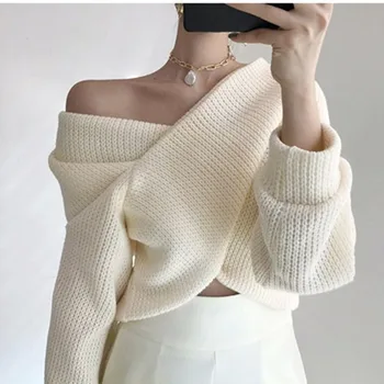 Qiu dong coreean pic de personalitate pulover de cașmir contractat cald cald si sexy off-the-umăr crossover v-gât pulover