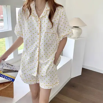 QWEEK Bumbac, Pijamale Femei coreene Pijamale pentru Fete de Vară 2021 Pijamale Doamnelor Inima de Imprimare Pijamas Maneci Scurte Set de Două Piese