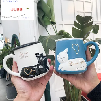Relief 3D Pisica Cana de Cafea cu Capac si Lingura de Dragoste Kitty Ceramice Apă Ceașcă de Ceai Cadou de Nunta Albastru și Negru 400ml