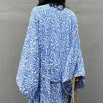 Robă lungă, fără Bretele Piele-friendly Albastru Vintage Supradimensionat Leopard Model de Cardigan pentru Cumpărături de Vară Albastru haine O Dimensiune