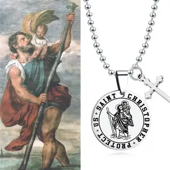 Saint Christopher a ne proteja breloc din Otel Inoxidabil Colier Barbati Catolică Pandantiv Cruce gratuit gravură de Călătorie binecuvântare bijuterii