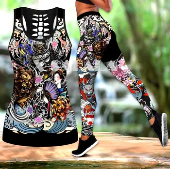 Samurai Arta Tatuaj Jambiere Două Piese Yoga Set Femeile de Imprimare 3D Vesta Gol Rezervor de Top Talie Mare Legging Vara Casual Sport