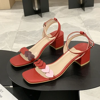 Sandale cu Toc Gros Pantofi Noi Doamnelor Tocuri inalte Femei Sandale de Vară 2021 Femei Pantofi Femei Roșu Iubesc Dantela-Up Pantofi de Partid