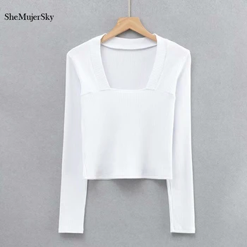 SheMujerSky Femei Trunchiate Tricou Din Tricot Elastic Slim Square Guler Maneca Lunga Tricouri 2021 Culoare Solidă Tricou