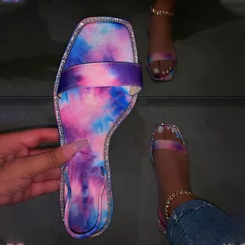 Square Toe Tie Dye Sandale Plate Cu Stras Femei Pantofi Și Genți De Mână Pentru A Se Potrivi Vara Sandalias Buty Damskie Femmes Sandales