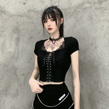 Stilul Punk Dantelă de Top Gotic Sexy Haine Negre Vedea Dacă Dantelă Decupată Tee Femme Casual, Skinny Topuri Pentru Femei de Vară 2021 Noi
