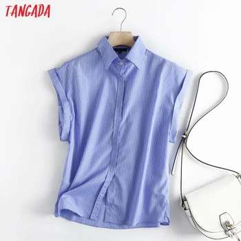 Tangada Femei Retro Albastru cu Dungi de Imprimare Tricou Bluza de Vara Supradimensionate Liber Chic Feminin Topuri 4C120