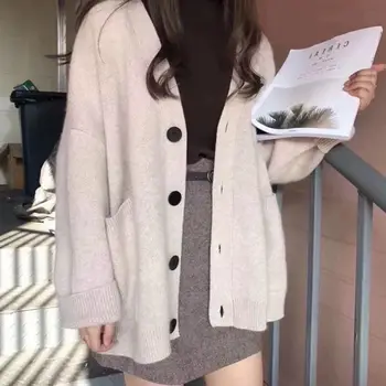 Toamna Iarna Pulovere pentru Femei Mid-Lungime Cardigan Mâneci Lungi V-Neck Tricotate coreean Jumper de sex Feminin Supradimensionat Top Solid