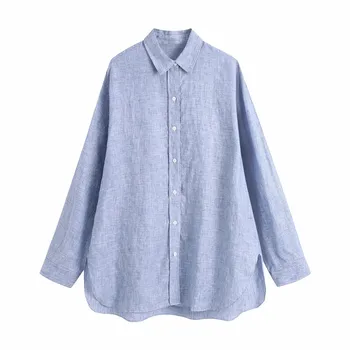 TRAF Za 2021 Albastru cu Dungi Cămașă Lungă Femeie Supradimensionat Tricou Femei Guler cu Maneci Lungi Buton-Up Tricou Alb Bluza de Vara