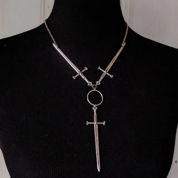 Trei Săbii Colier,Cravată Colier-Placat cu Argint -Tarot-Goth -Avant Garde - Oculte - Witchy - Edgy - Bijuterii Medievale
