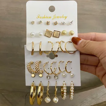 Trendy Culoare De Aur De Metal Cercei Set Pentru Femei De Moda Perle Geometrică Cerc Picătură Cercei 2021 Cercei Seturi De Bijuterii De Nunta