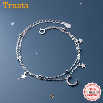 TrustDavis Veritabil 925 Sterling Silver Moda Lanț Dublu Moon Star Bratara Pentru Femei Nunta Ziua Îndrăgostiților Bijuterii DB1161