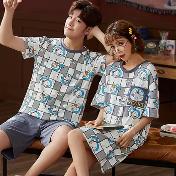 Vara Cuplu Set de Pijama Drăguț Anime Japonia Doraemon Maneca Scurta, Pijamale Bumbac Casual Bărbați pe Plus Dimensiune haine de casă Sleepwear