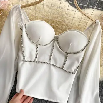 Vara Femeile Pullshirt Retro Sifon Industria de Diamante Slim Scurt Bluza Mâneci Lungi Puf Pad Piept Bottom Tricou