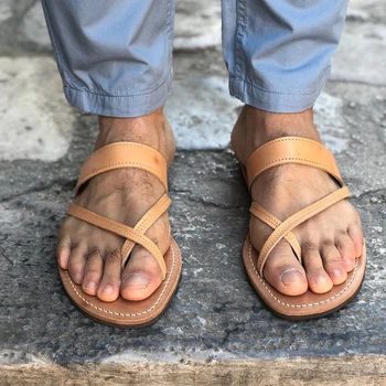 Vara Oamenii Plat Sandale Retro din Piele PU Clip Toe Casual, Papuci de Plaja Manual Swing Retro Roman Mens Papuci de casă Dimensiune 39-48