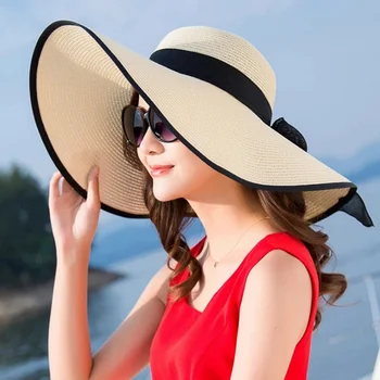 Vara Pălărie Mare de Paie boruri mari Largă Soare Bowknot Plaja Bowknot Pălărie Pliabilă Pălării Noi 2019 Pălării pentru Femei