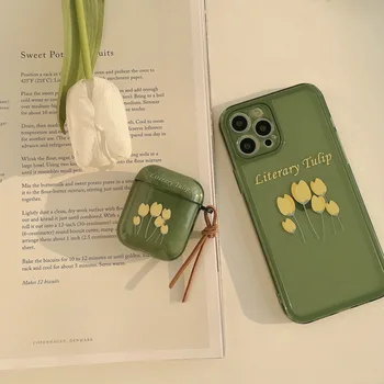 Verde Literare Tulip Căști fără Fir Caz cu Pandantiv Pentru Apple Airpods 1 / 2 Pro Căști de Înaltă Calitate de Acoperire