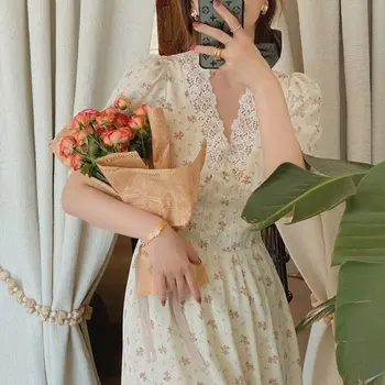 Vintage Floral rochii Femei Elegante, Dantela, Sifon coreean Partid Rochie mâneci V Gât Rochie Midi Rochii de Toamna pentru Femei 2021