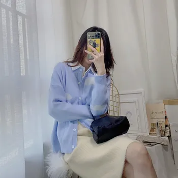Yitimoky Nori Pulover Toamna 2021 Femei Cardigan Albastru, O-Neck Top Casual Cu Maneci Lungi Outwears Coreea Style Moda Haine Noi
