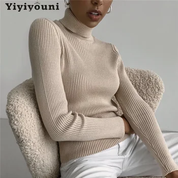 Yiyiyouni Casual, Guler Cu Nervuri Tricotate Pulovere Femei Cu Maneci Lungi Solidă Pulover Femei 2021 Toamna Iarna Slim Coreean Jumper