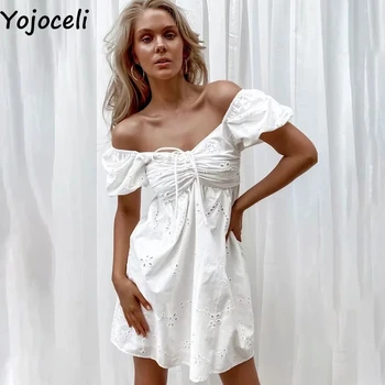 Yojoceli Elegant alb broderie rochie scurta de vara femei Sexy pe plaja casual rochie de drăguț Dulce mini rochie de sex feminin vestidos