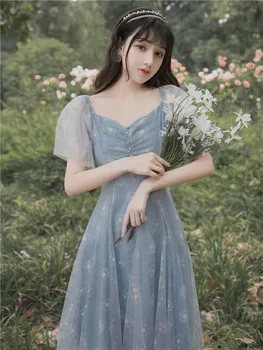 YOSIMI Lung Femei Rochie Elegantă de Vară 2020 Short Sleeve V-neck Petrecere de Seara Midi se Potrivesc și Flare Vintage Print Floral Mesh Dress