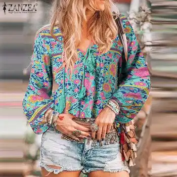 ZANZEA Bohemain Imprimate Bluza Femei de Primăvară Tricou Casual V Gatului Maneca Lunga Florale Blusas Tunica Vintage Lace Up de Vacanță Topuri
