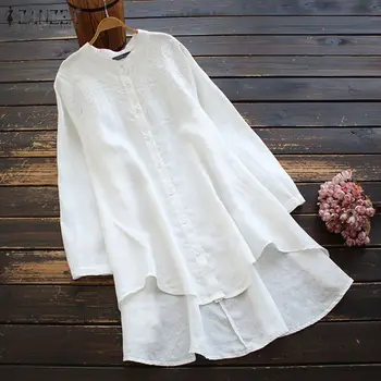 ZANZEA Primăvară Asimetric Tricou Femei Broderii Vintage Floral Bluza Casual cu Maneci Lungi Topuri Lungi de Bumbac Blusas Combinezon S-