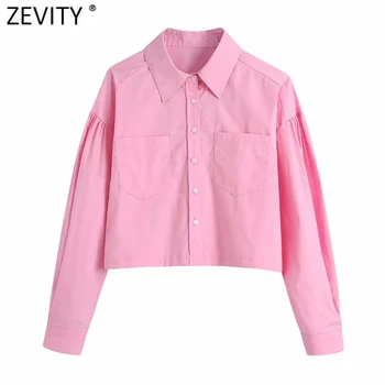 Zevity Femei pur și Simplu de Culoare Solidă două Buzunare de Patch-uri Scurte Camasi Office Lady Bluza cu Maneci Lungi Roupas Chic Combinezon Topuri LS9240