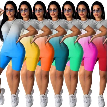 2 Buc Seturi Gradient De Culoare Tipărite Femei De Vară O-Gât Haine Cu Maneci Scurte T-Shirt Bandaj Pantaloni Scurți De Trening Lounge Poarte Haine
