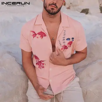 2021 Bărbați Cămașă Hawaiană Imprimare Respirabil Rever Maneca Scurta Bluze Casual Streetwear Vara Camisas Bărbați Îmbrăcăminte S-3XL INCERUN