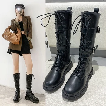 2021 Iarna Genunchi Cizme Femei Negru Gotic Pantofi De Pluș Cald Cizme Toc Patrat De Piele Genunchi Ridicat Cizme Femei Albe, Cizme De Luptă