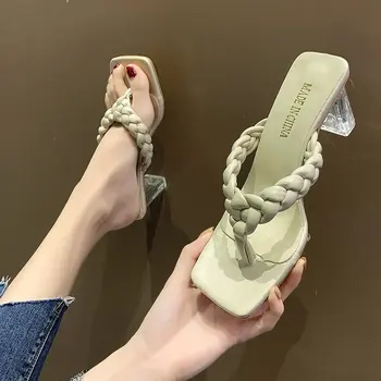2021 Noi de Vara Femei Flip Flops, Sandale din Piele Diapozitive Împletitură Cablu 8cm Transparent Toc Patrat Verde Pantofi pentru Femeie Papuci