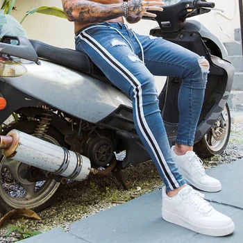 2021 Trendy Barbati Skinny Jean Motociclist Distrus Uzat Se Potrivesc Denim Blugi Rupți Pantaloni Partea Dunga De Creion Pantaloni Hip Hop Streetwear