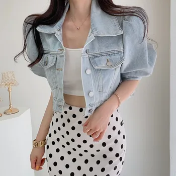 2021 vara Femei Puff Sleeve Denim Haine de Moda coreeană Guler de Turn-Down Femeie Jachete Chic Streetwear Geaca de blugi