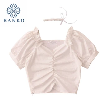 2021 Vara Noi Streetwear Falduri Bluze Femei Coreeană Stil Vintage Square Guler Culturilor TopsLady Elegant Puff Maneca Scurta Blusas