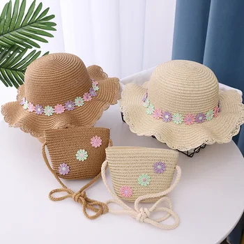 2021New de Vară pentru Copii Paie Pălărie Copil Fete Pălării de Soare Dulce Floare Frumoasă Plajă Anti-UV Cozoroc Pălărie de Paie Sac 2 Seturi de Piese