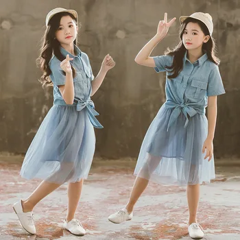 4 La 14 Ani Copii și Tineri Fete de Vara Tricou Denim și Ochiurilor Fusta Două Bucata Set Copii coreeană Stil de Îmbrăcăminte de Modă, #1191