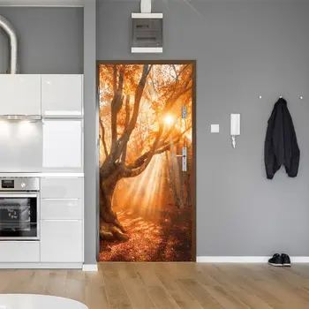 77x200cm 3D Însorit Pădure În Amurg Ușa Autocolante Tapet rezistent la apa DIY Detașabil picturi Murale Auto-adeziv Pentru Camera de zi Dormitor