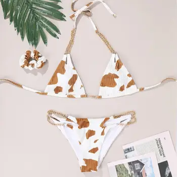 80% Vinde Fierbinte pentru Femei costum de Baie Floral Vaci de Imprimare Căptușit Vara Lanț de Căpăstru fara Spate Bikini de Plaja