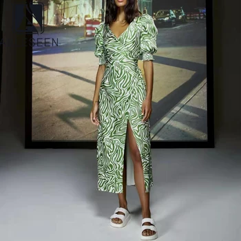 AELESEEN Designer de Moda pentru Femei Rochie de Vară 2021 Puff Maneca High Street V-Gât Val Verde cu imprimeu Impartita Lung Rochie Sexy