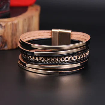 ALLYES Multilayer Metal Chain Copper Tube Leather Bracelet for Women Fashion Bohemian Wrap Bracelet Bangle Female Jewelry Gifts