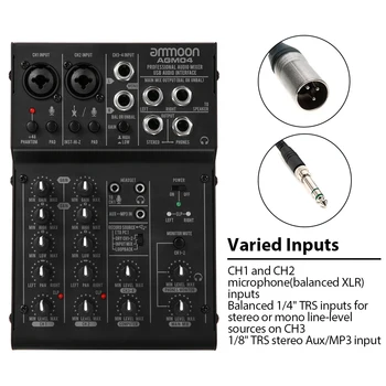 Ammoon 4 Canale Mini-Consolă de Amestecare Audio Digital Mixer 2-band EQ Built-in 48V Phantom Power pentru Home Studio de Înregistrare DJ