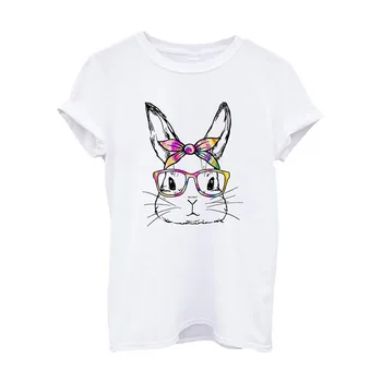Amuzant de Desene animate Drăguț Bunny cu ochelari Tricou Fete Gât Rotund Maneca Scurta Tricou Lady Vara tricou Femei