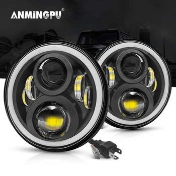 ANMINGPU 2x 7Inch H4 cu LED-uri Faruri cu Inel de Chihlimbar de Semnalizare pentru Lada Niva 4x4 Urban Suzuki Jeep Wrangler off-Road 12V 24V